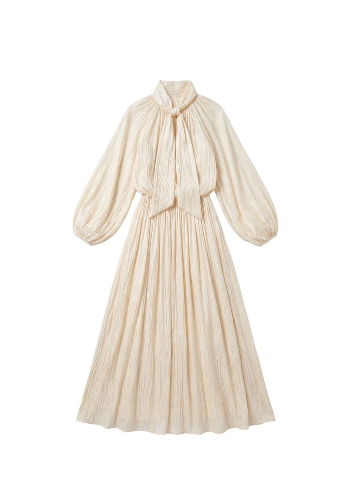 Balloon-Sleeve Accordion Maxi Dress