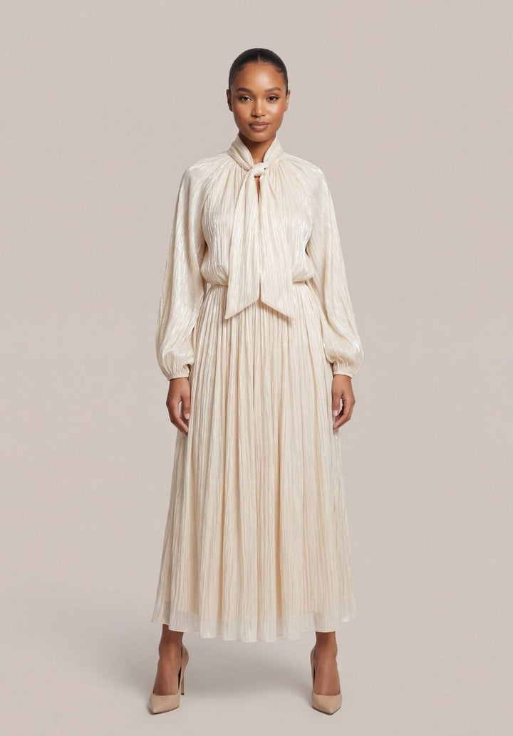 Balloon-Sleeve Accordion Maxi Dress