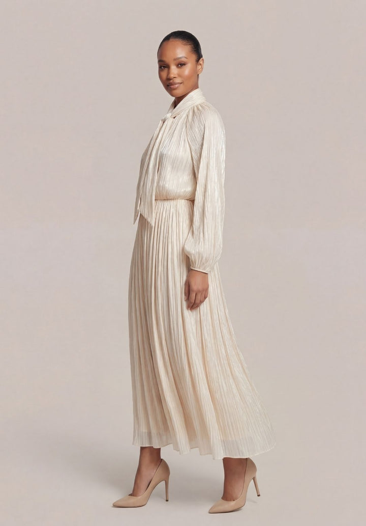 Balloon-Sleeve Accordion Maxi Dress