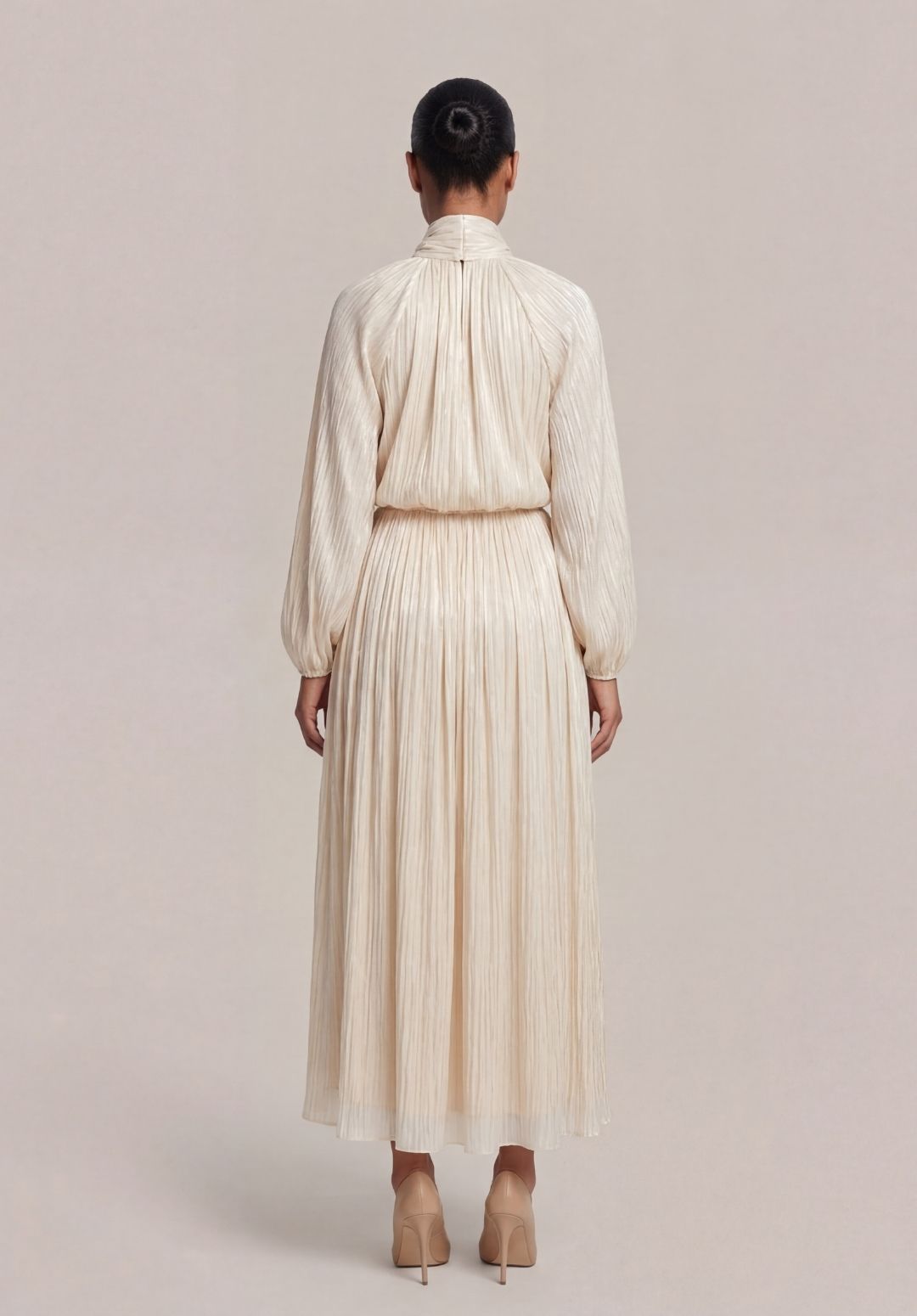 Balloon-Sleeve Accordion Maxi Dress