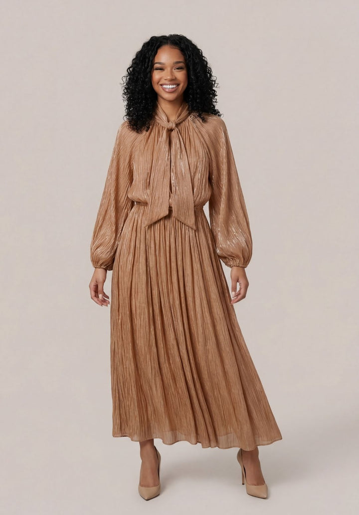 Balloon-Sleeve Accordion Maxi Dress