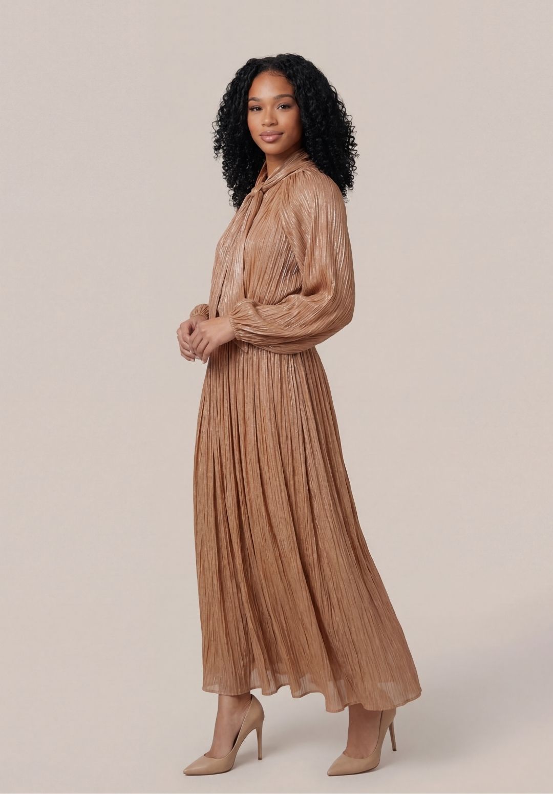Balloon-Sleeve Accordion Maxi Dress