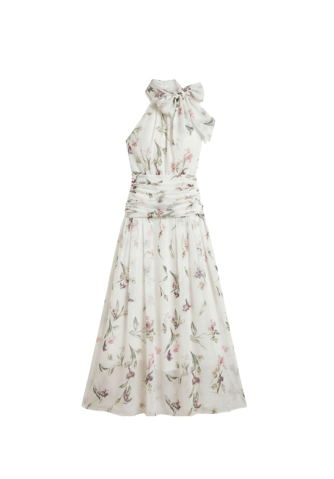 Floral Bow-Neck Halter Dress