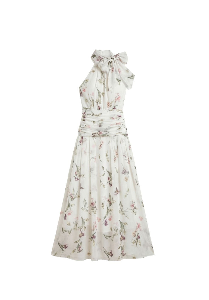 Floral Bow-Neck Halter Dress