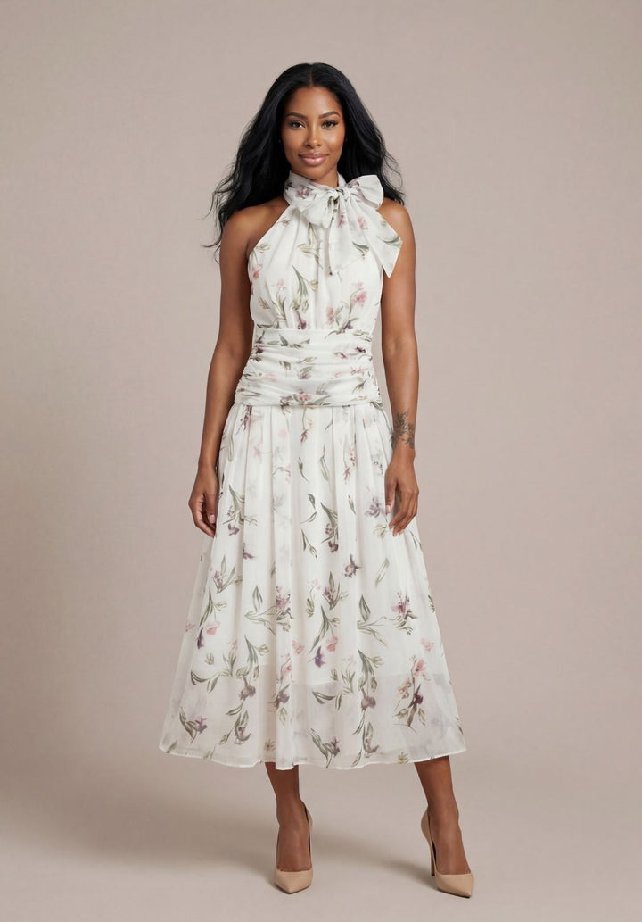 Floral Bow-Neck Halter Dress