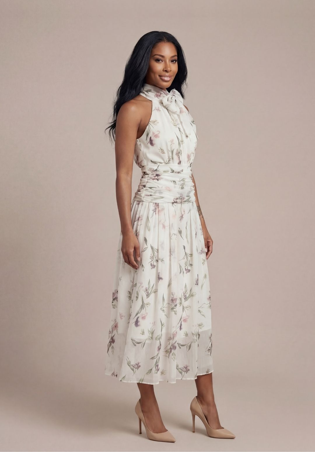 Floral Bow-Neck Halter Dress