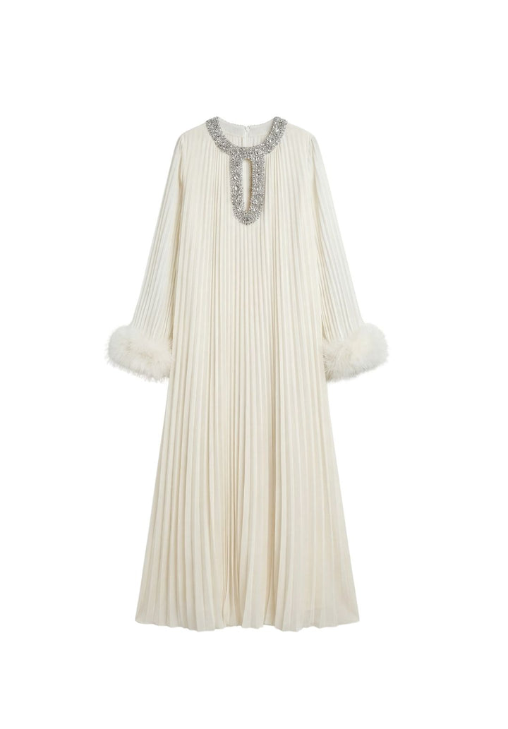 Jeweled Feather-Cuff Accordion Dress
