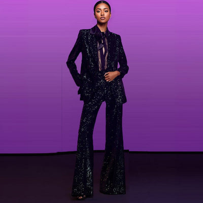 Sequins Elegant Solid Color Suits Two Piece Sets Long Blazer And Pants Set