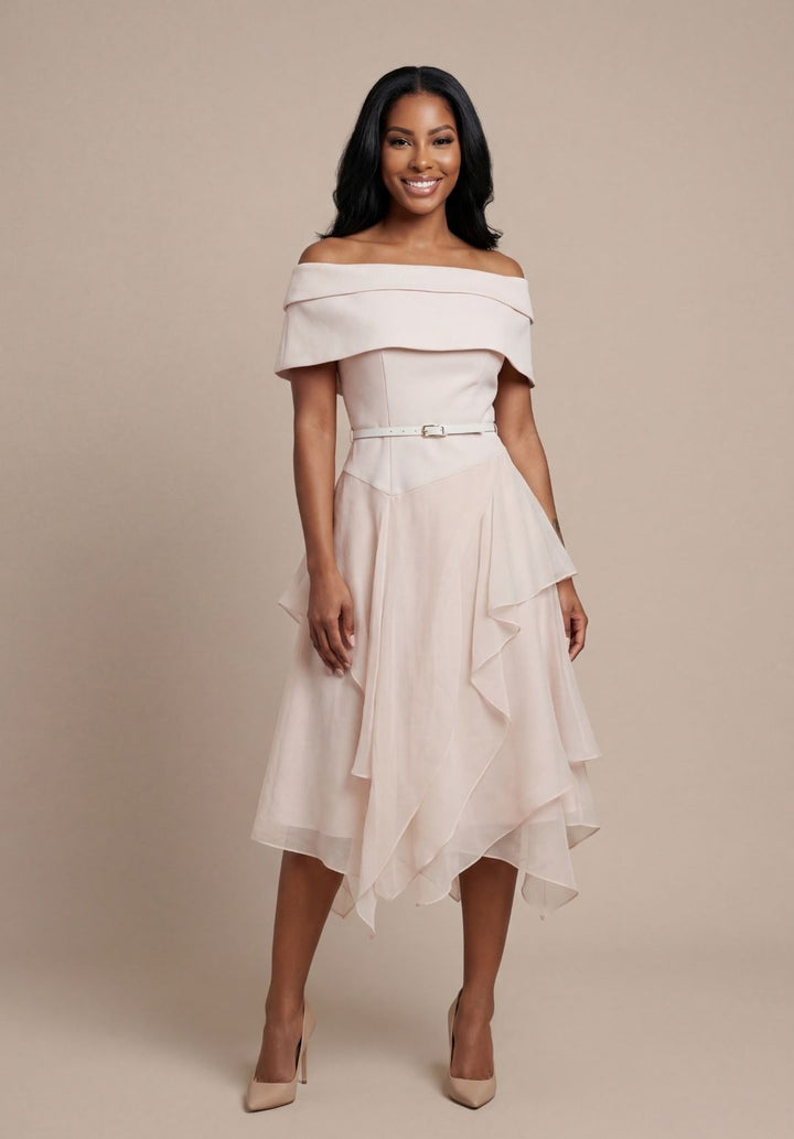 Portrait-Collar Belted Dress