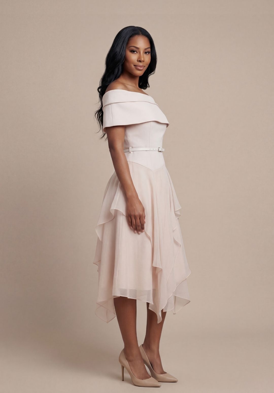 Portrait-Collar Belted Dress