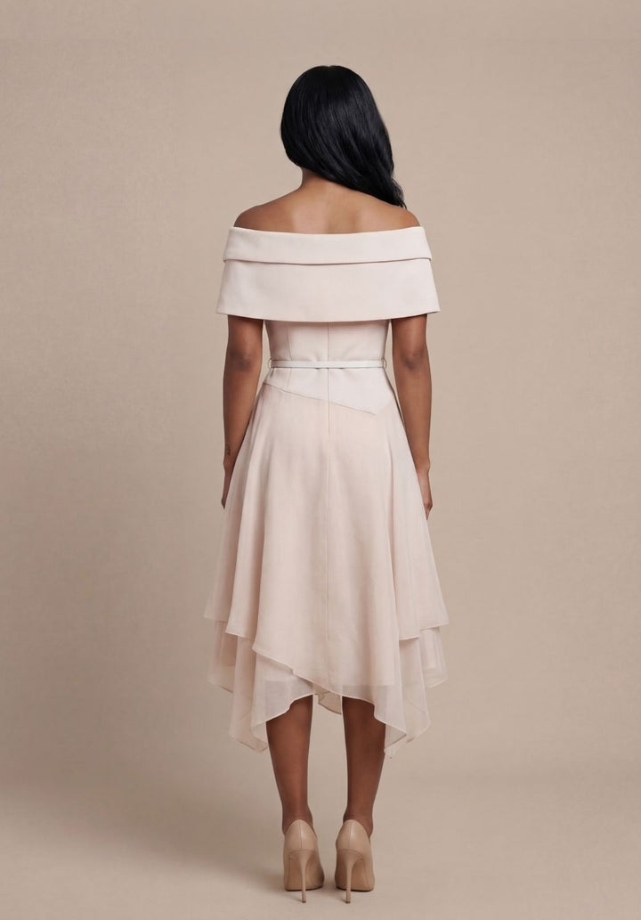 Portrait-Collar Belted Dress