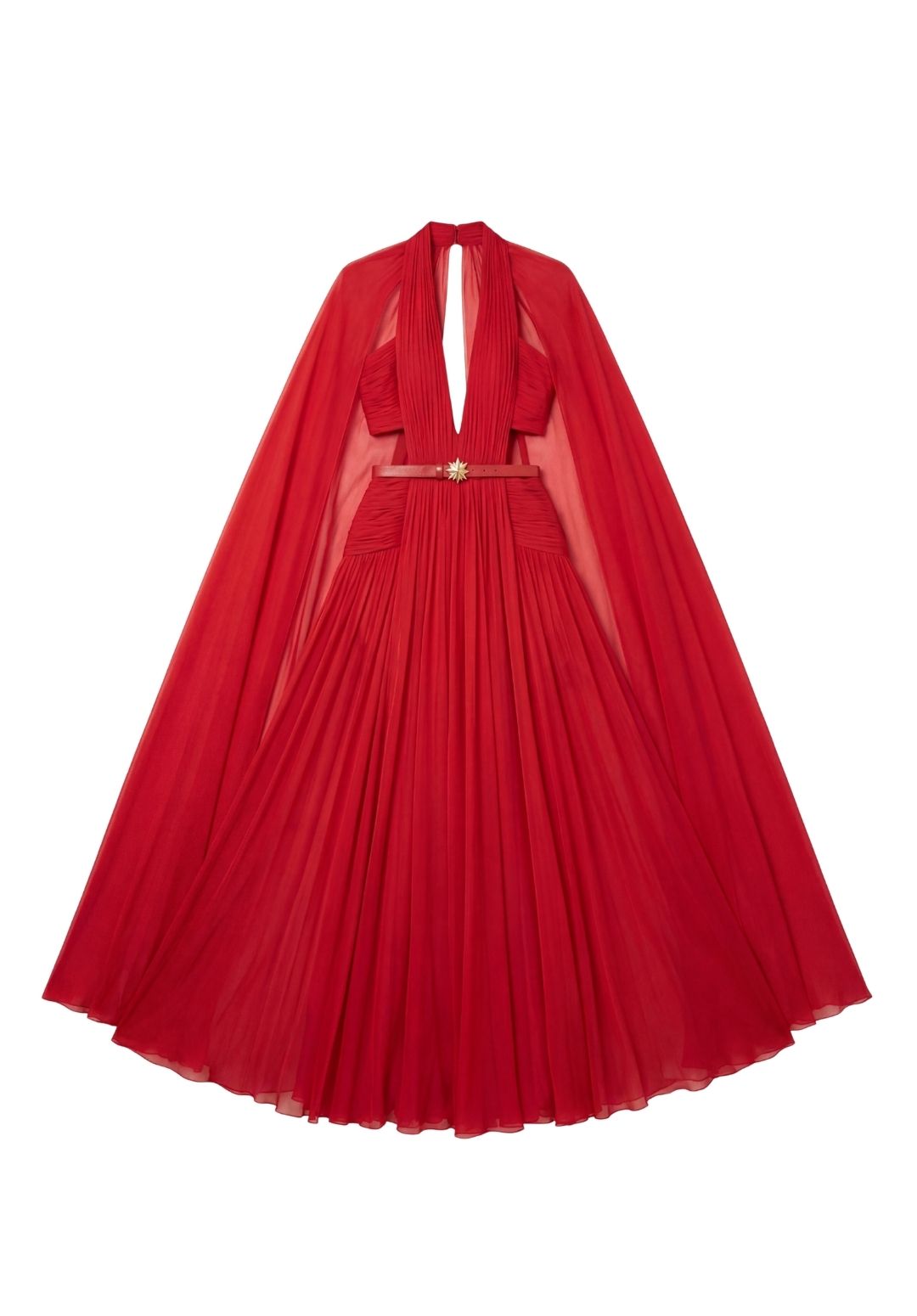 Scarlet Pleated Cape Gown