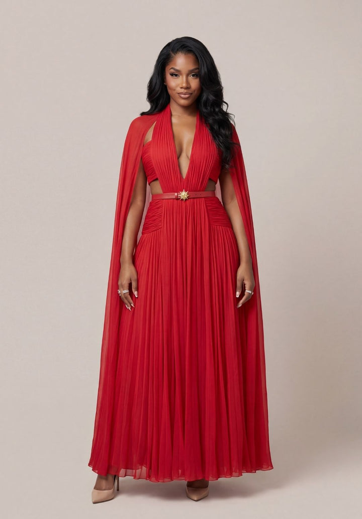 Scarlet Pleated Cape Gown