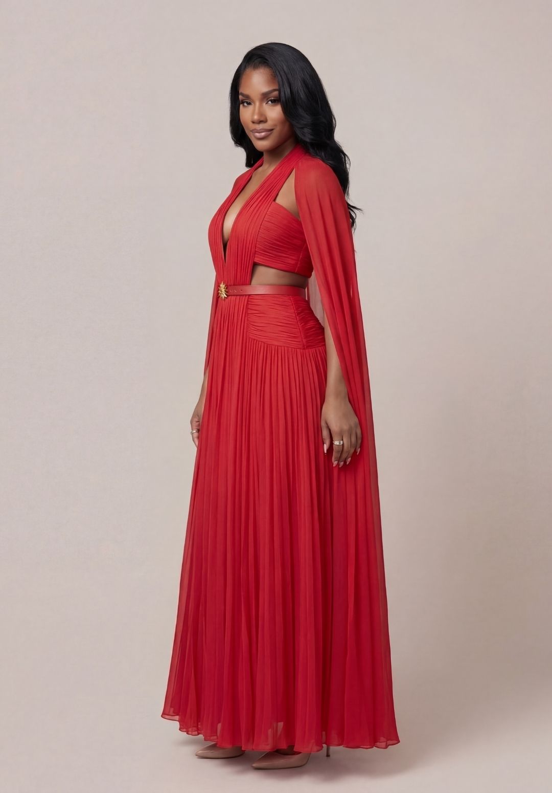 Scarlet Pleated Cape Gown