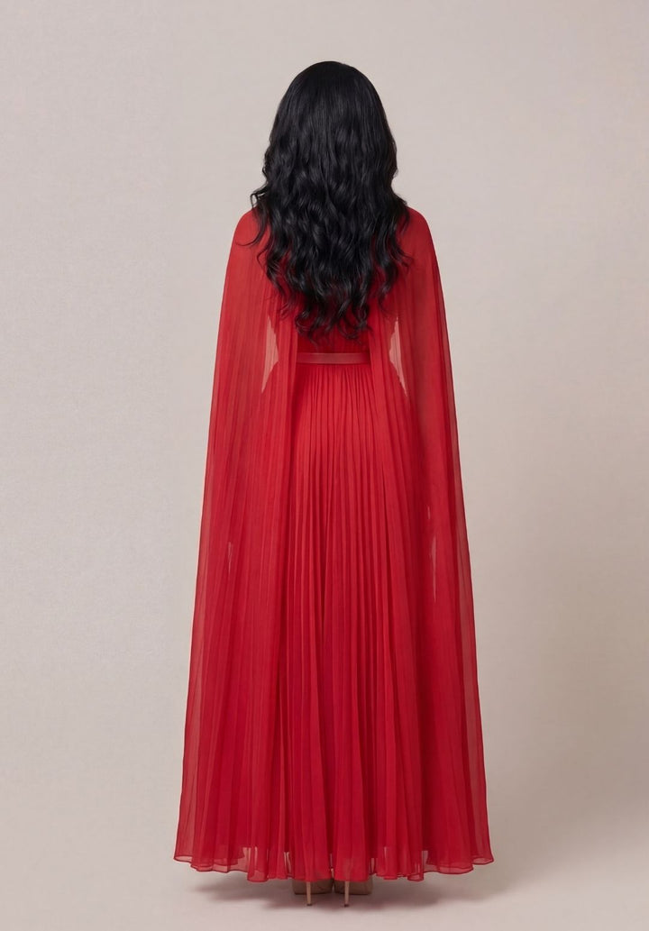 Scarlet Pleated Cape Gown