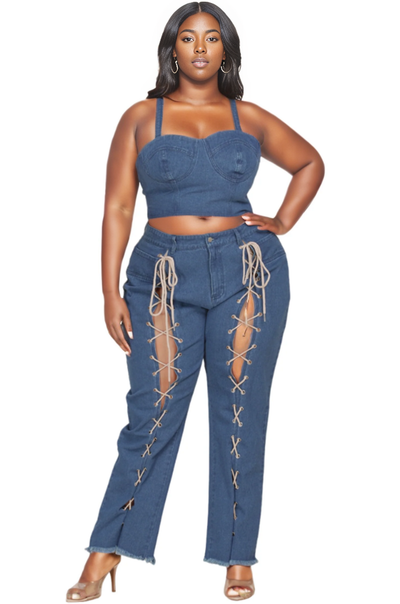 Demin Corset Cropped Top and Pants Set