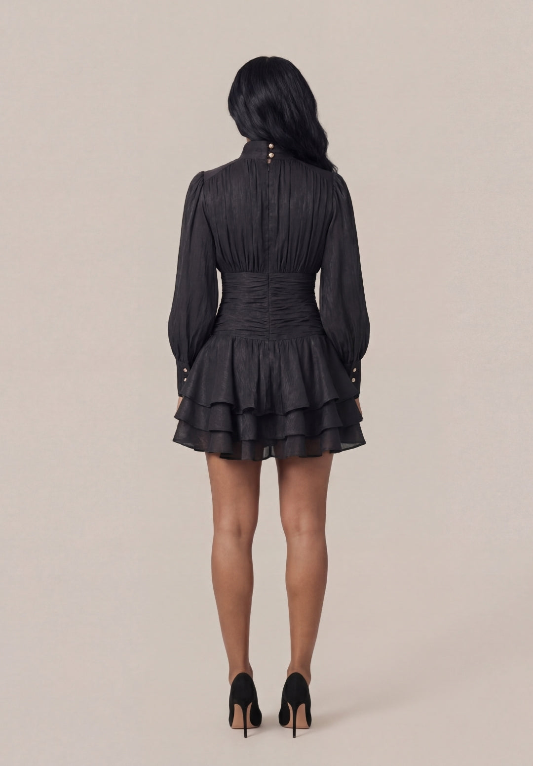 Signature Ruched Lantern-Sleeve Mini Dress