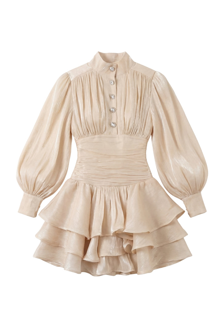 Signature Ruched Lantern-Sleeve Mini Dress
