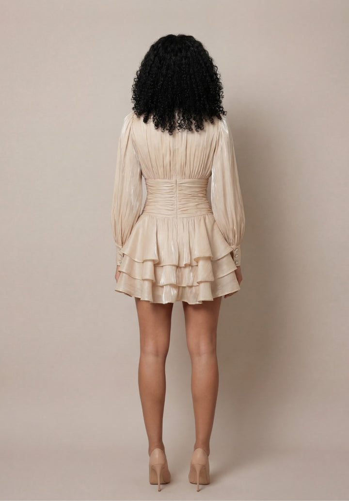 Signature Ruched Lantern-Sleeve Mini Dress