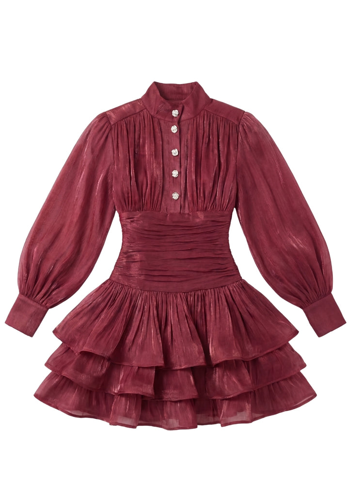 Signature Ruched Lantern-Sleeve Mini Dress