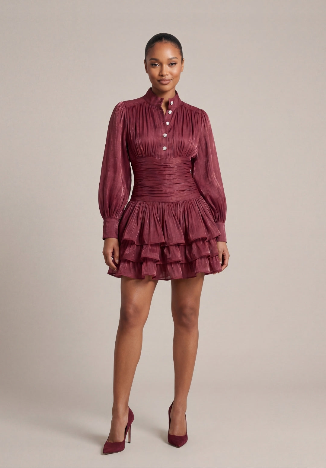 Signature Ruched Lantern-Sleeve Mini Dress