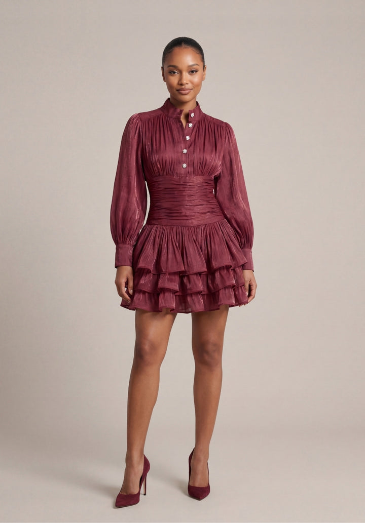 Signature Ruched Lantern-Sleeve Mini Dress