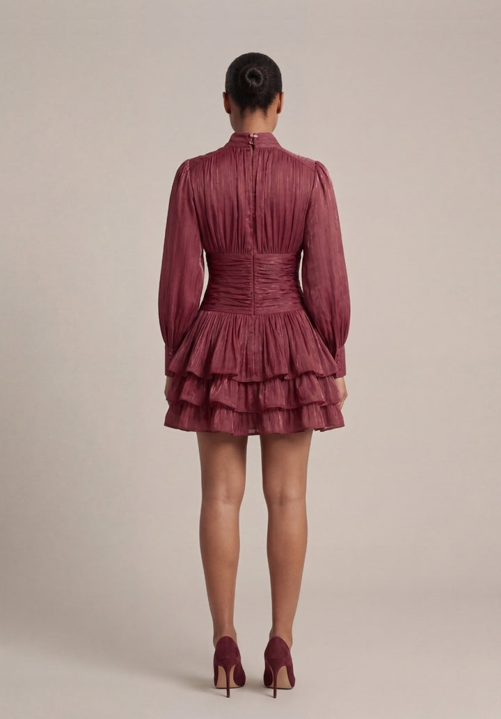 Signature Ruched Lantern-Sleeve Mini Dress