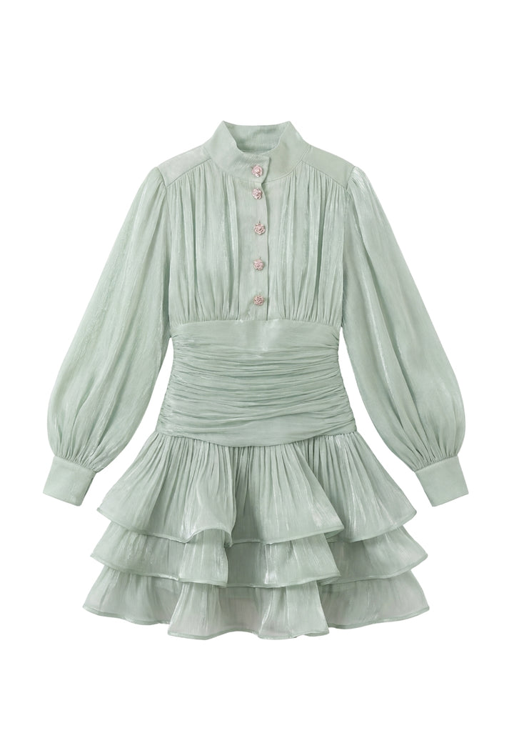 Signature Ruched Lantern-Sleeve Mini Dress