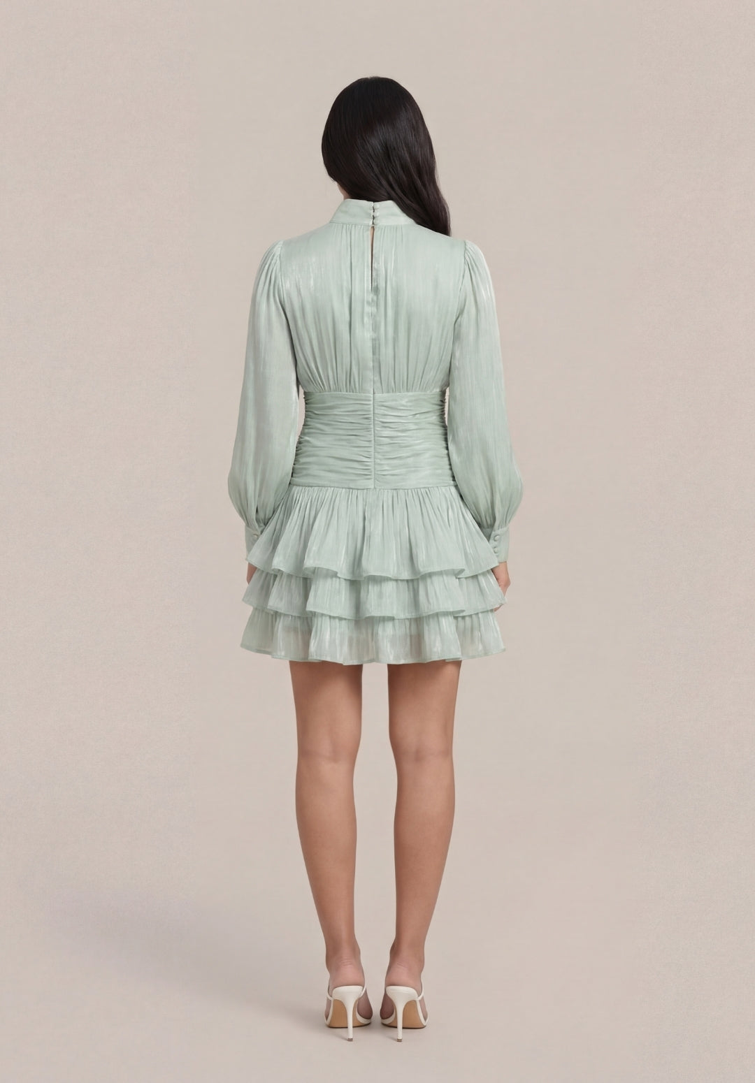 Signature Ruched Lantern-Sleeve Mini Dress
