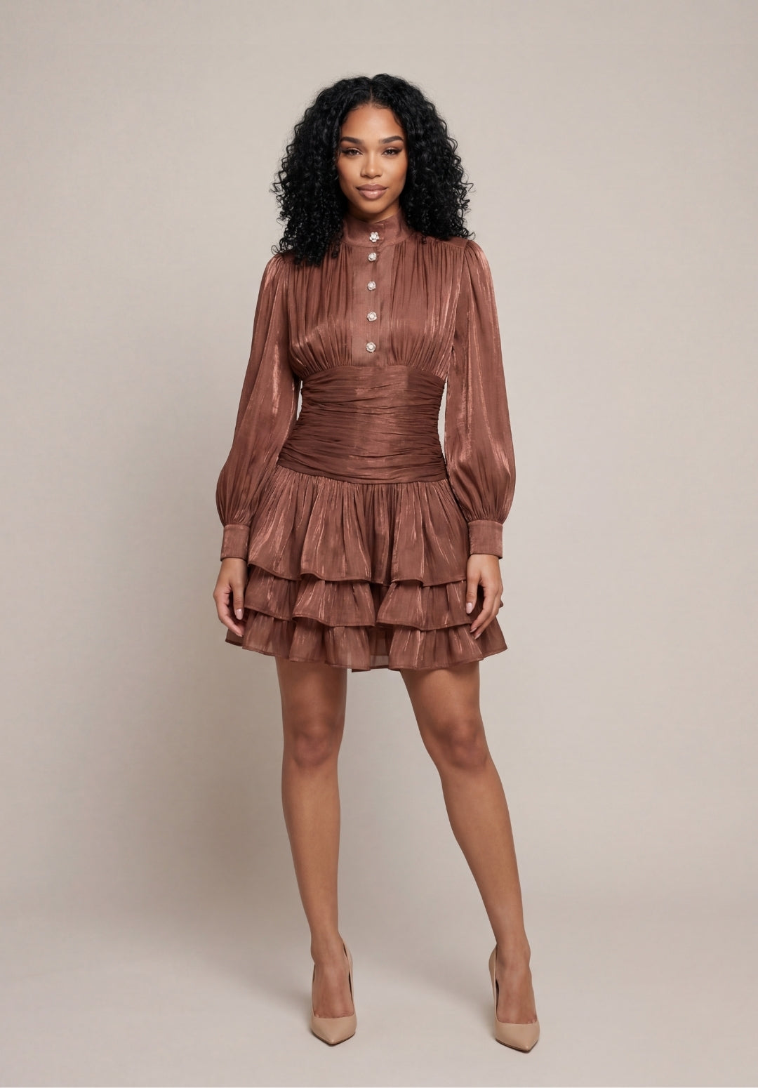 Signature Ruched Lantern-Sleeve Mini Dress