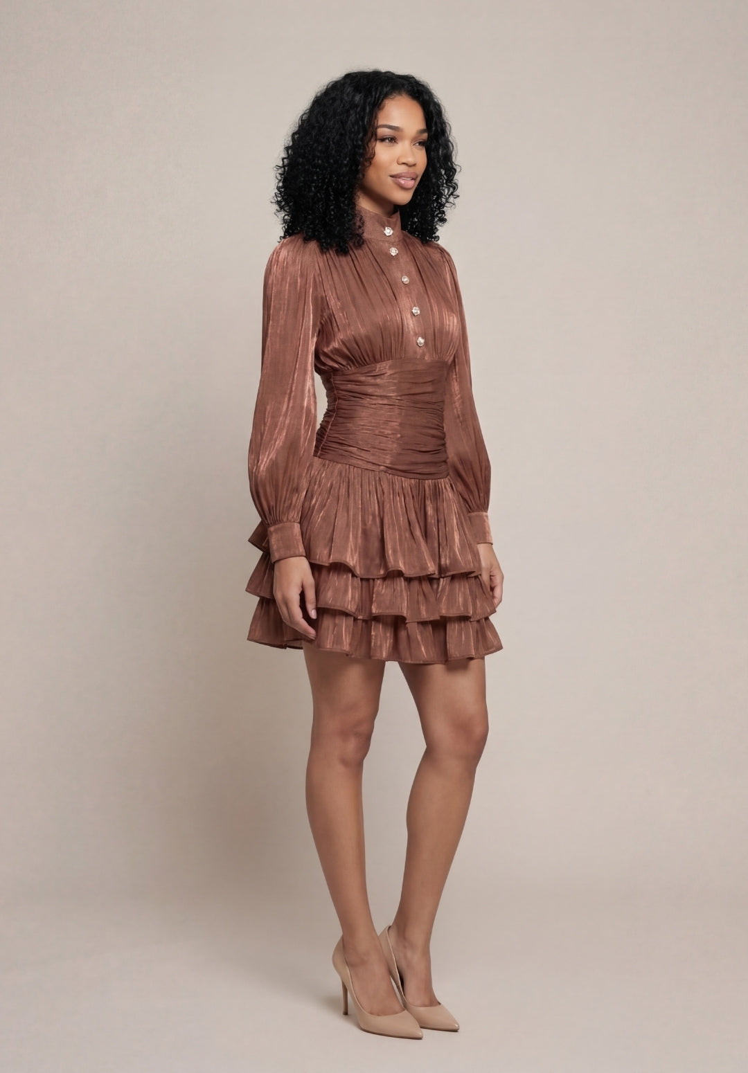 Signature Ruched Lantern-Sleeve Mini Dress