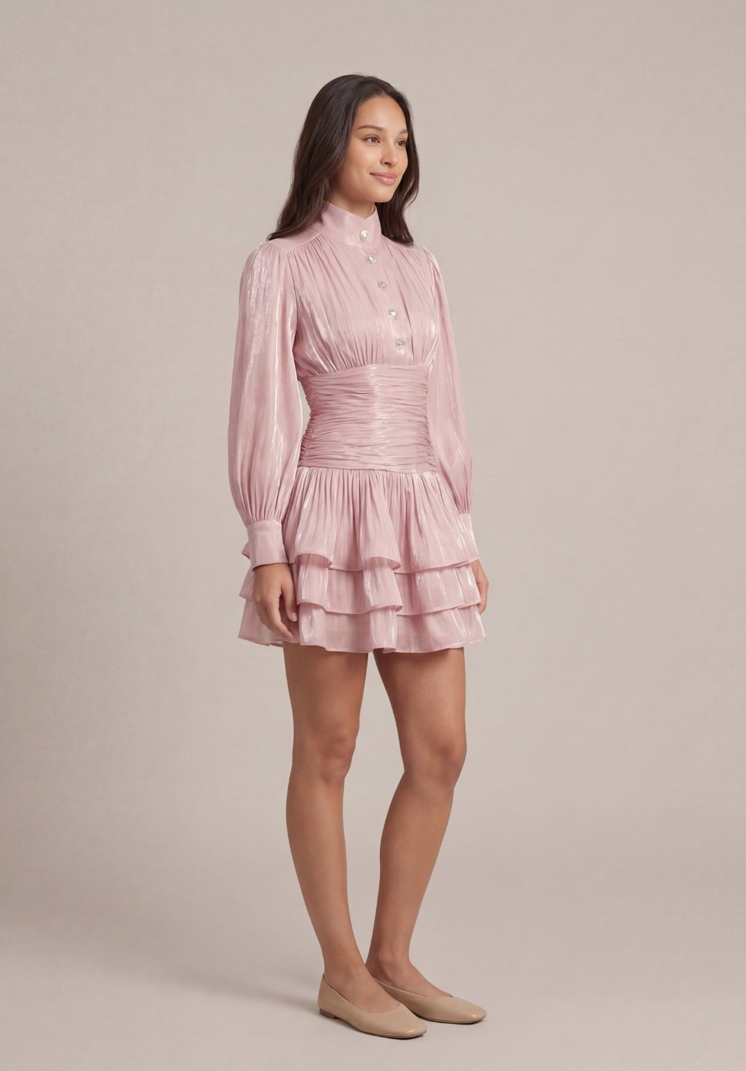 Signature Ruched Lantern-Sleeve Mini Dress