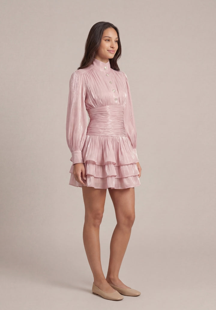 Signature Ruched Lantern-Sleeve Mini Dress