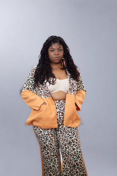 Two Tone Long Sleeve Blazer and Pantsuit- Cheetah